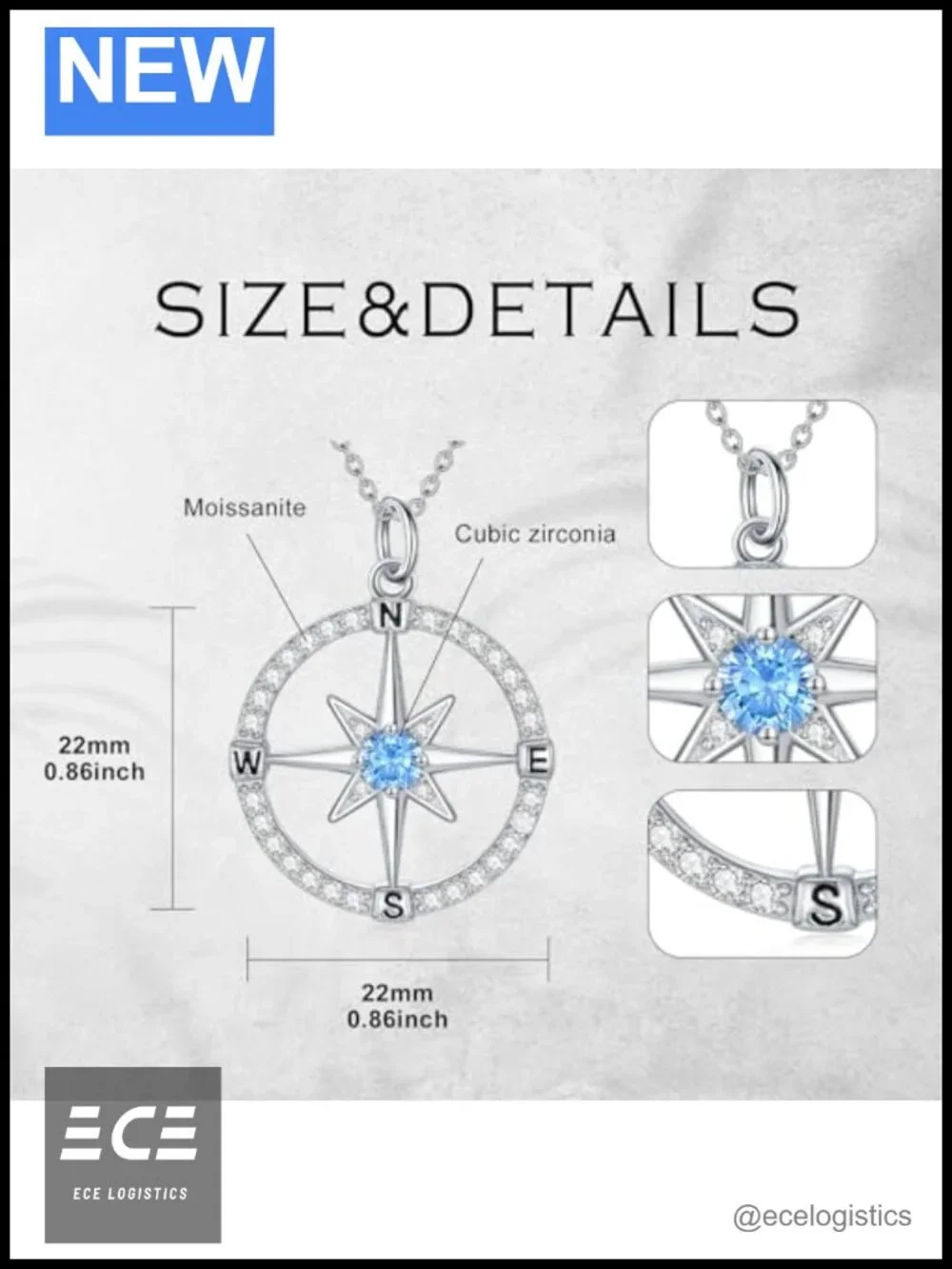 Moissanite Compass Pendant Necklace Sterling Silver White Gold Plated